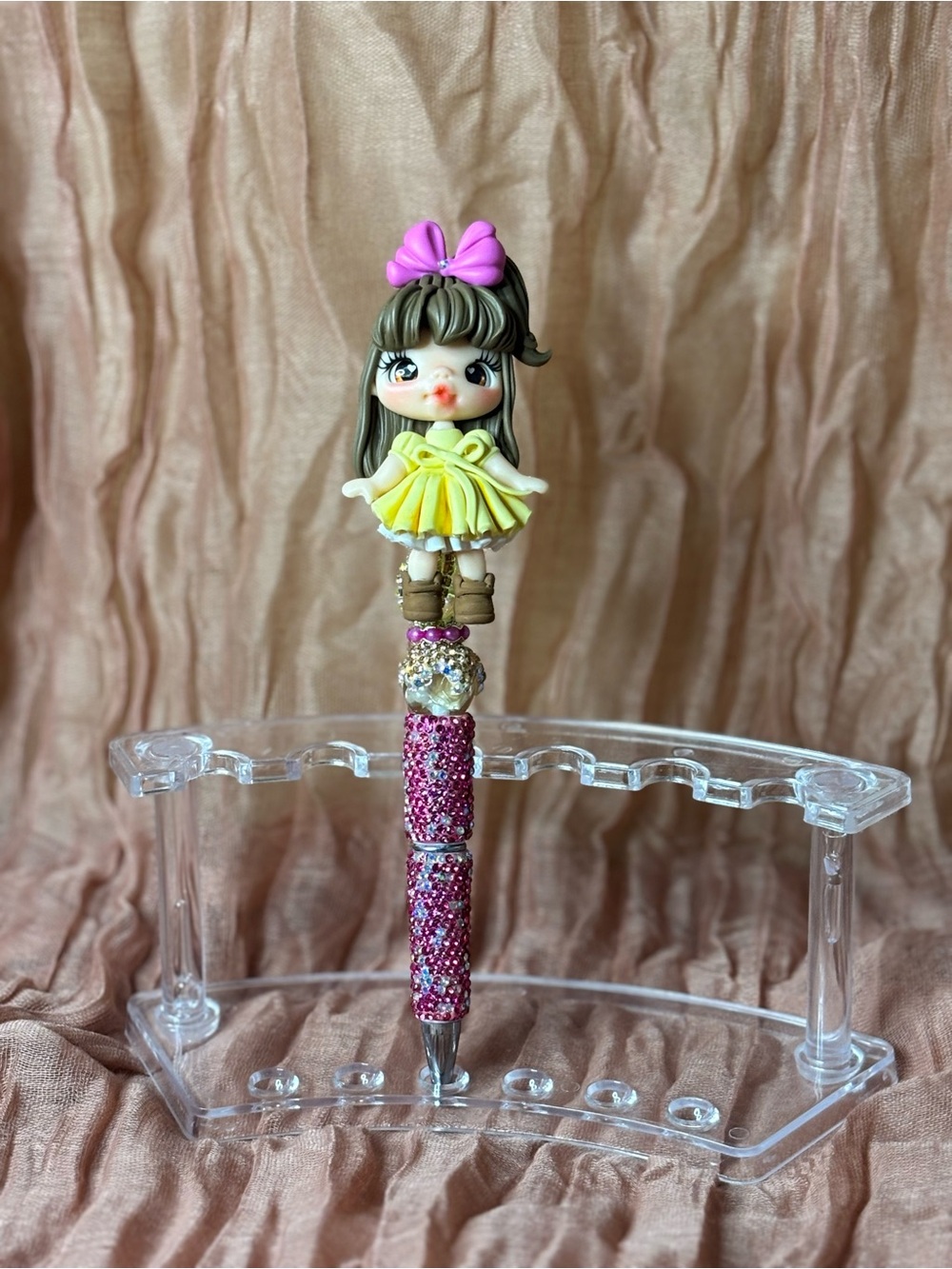 Yellow Dress Girl Decorative Kids Pen with Pink Bow